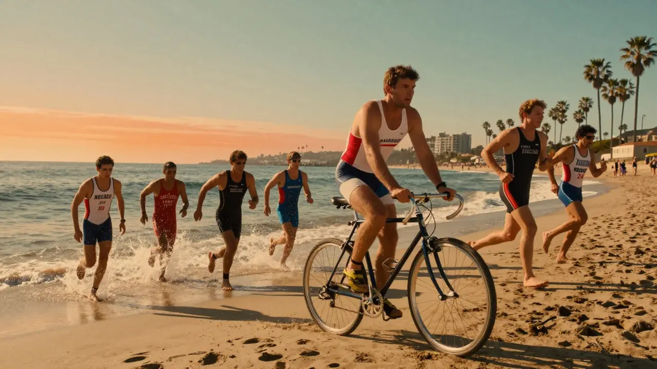 První triatlon v San Diegu v roce 1974: sportovci vystupují z moře a přecházejí na kola.