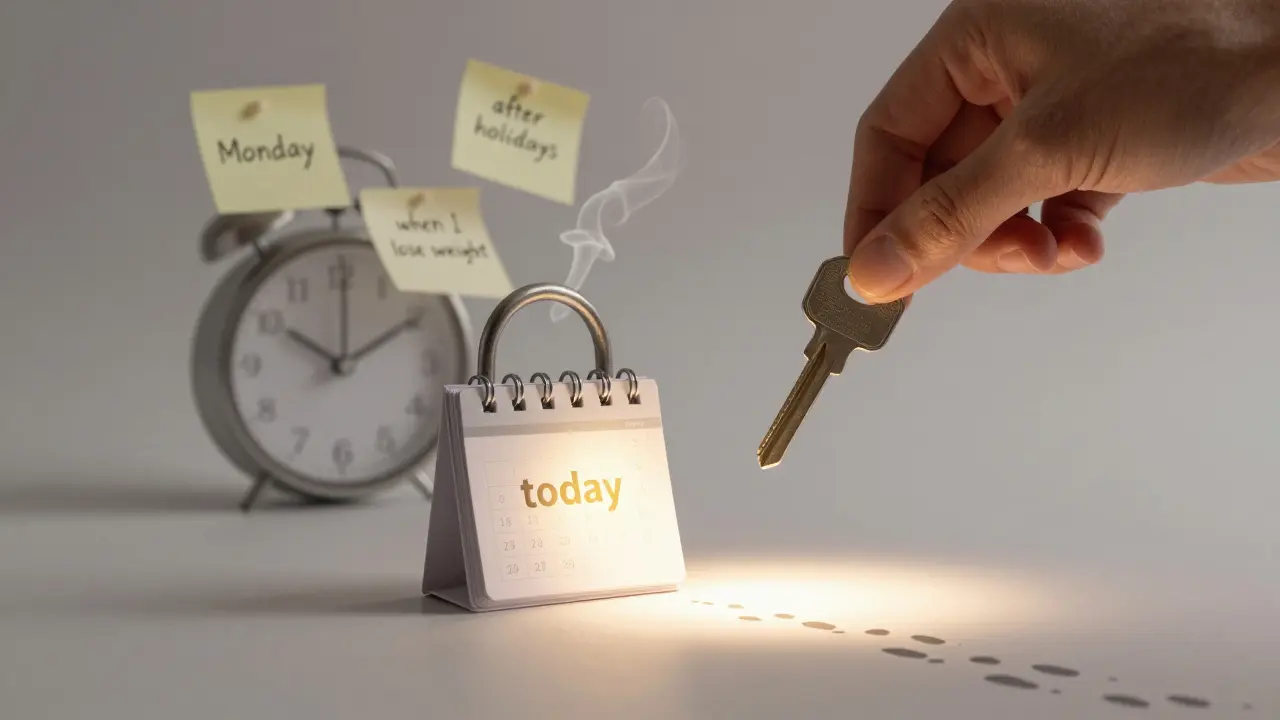 Ruka vkládá klíč s nápisem 'dnes' do zámku, zatímco odložené dny mizí.