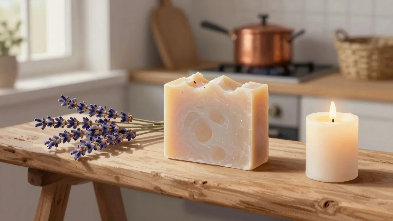 Rukodělné mýdlo s sušenou lavandou a voskovanými svíčkami na dřevěné polici.