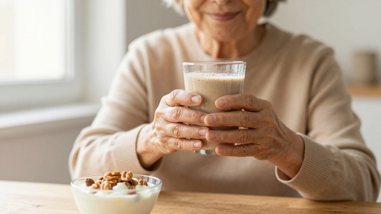 Starší osoba pije smoothie u okna, sluneční světlo a jídlo na stole symbolizují obnovu.