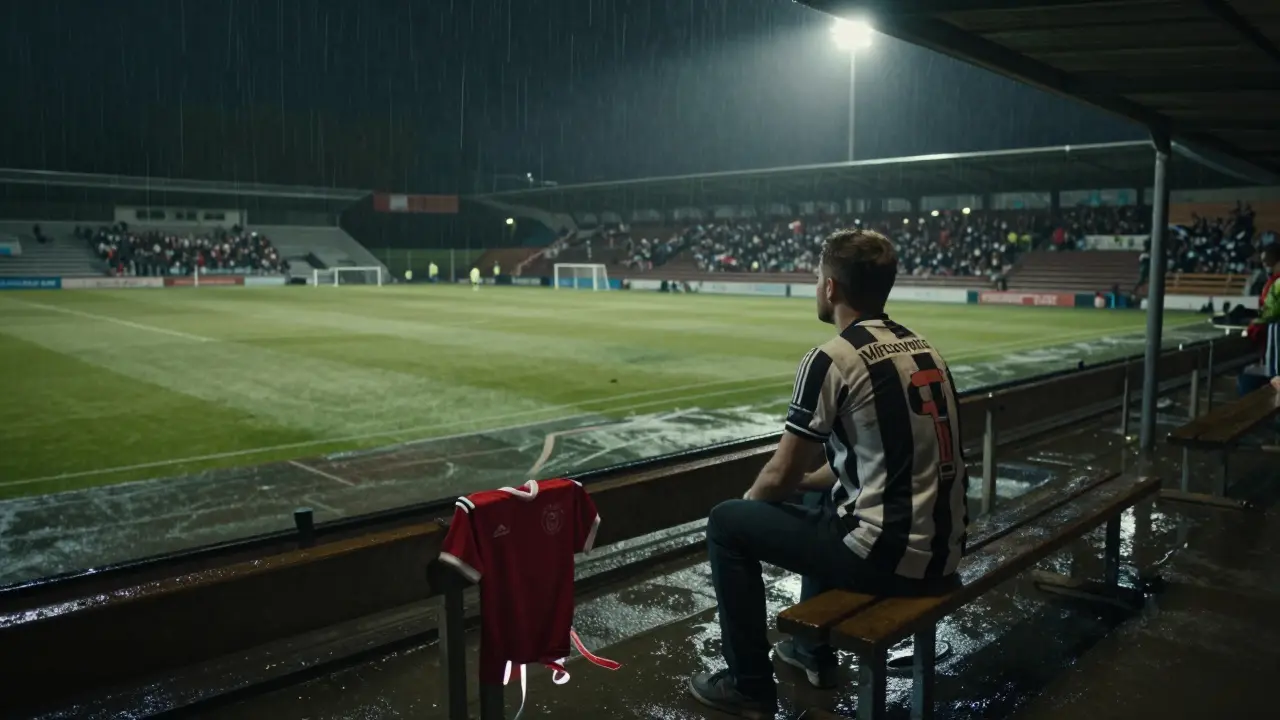 Starý fanoušek v černobílém dresu sedí sám na prázdné tribuně, na lavici visí dětský dres.