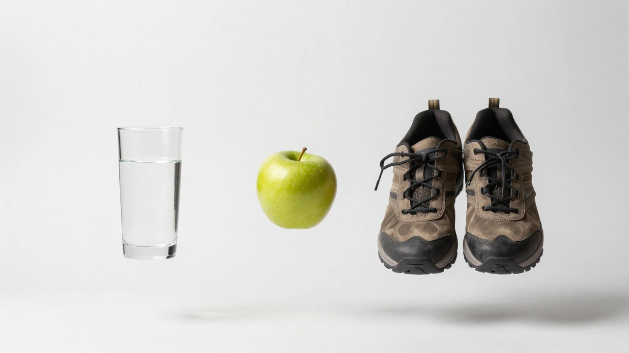 Tři jednoduché předměty — sklenice vody, jablko a chůze — visí ve vzduchu jako symboly zdravého každodenního života.