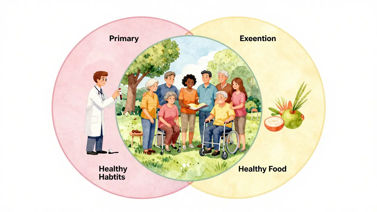 Tři překrývající se kruhy znázorňující prevenci nemocí: zdravý životní styl, rané detekce a rehabilitace.