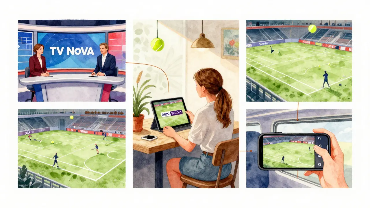 Tři různé způsoby sledování ženského tenisu: TV, tablet a smartphone s logotypy vysílačů.