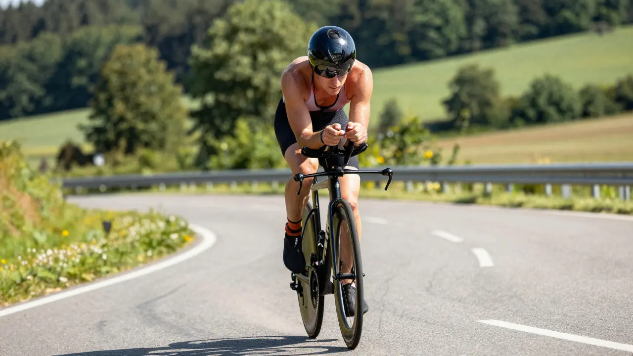 Triatlonista jezdí na kole po české silnici s horským pozadím, v aerodynamické přilbě.