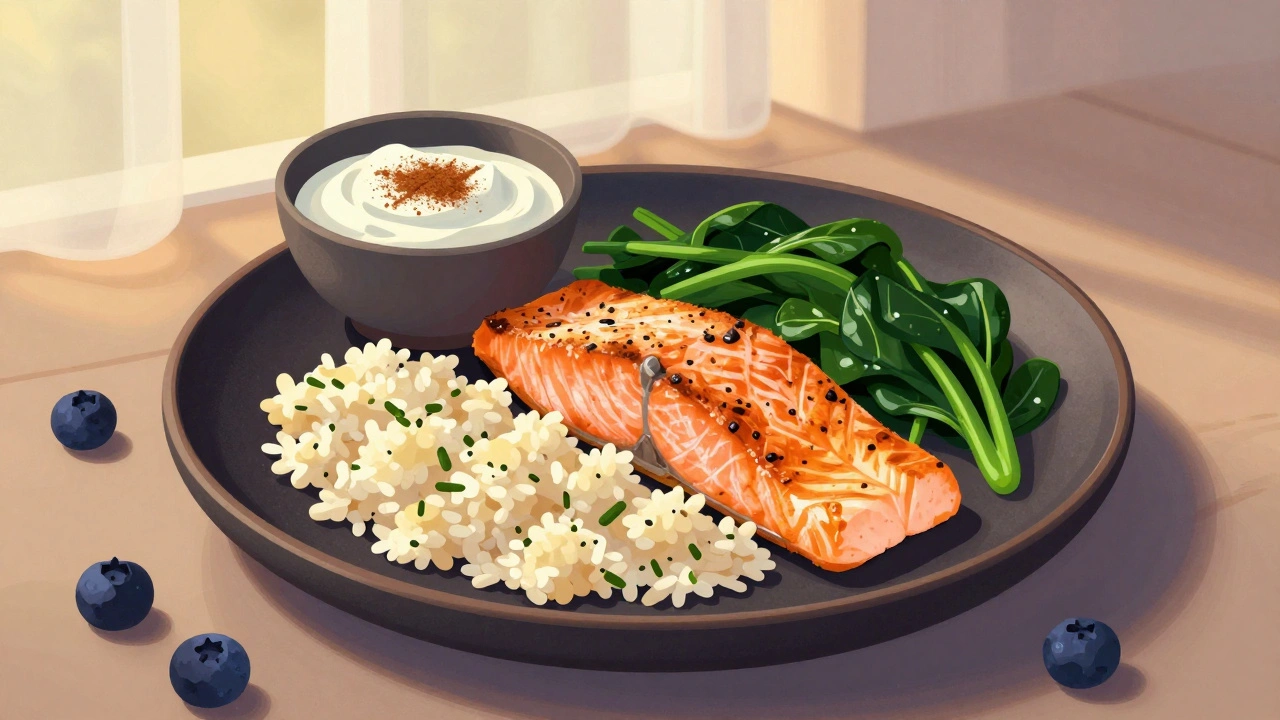 Večeře z kapusta rýže, lososa a špenátu s řeckým jogurtem a borůvkami.