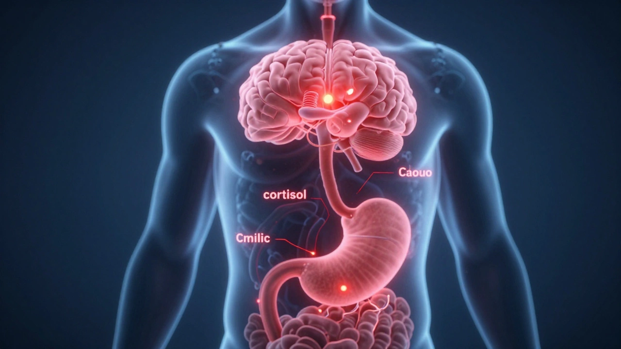 Vnitřní pohled na tělo s hormony blokujícími chuť k jídlu, vědecký styl s červenými signály.