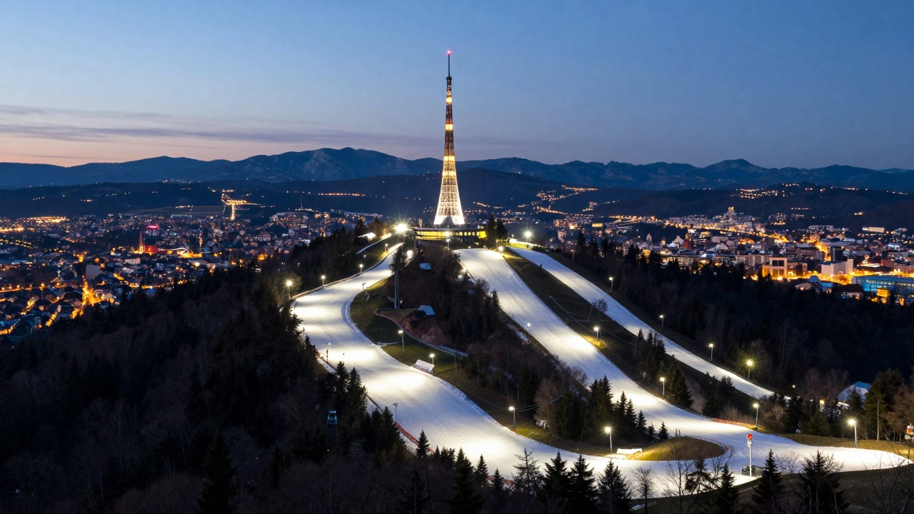 Výhled z Ještědu večer s osvětlenými sjezdovkami a městem Liberec v pozadí.