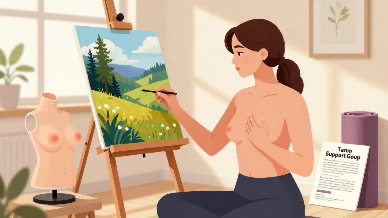 Žena maluje obraz v ateliéru, vedle ní protéza a podpůrný leták, symbolizující obnovu života po rakovině.