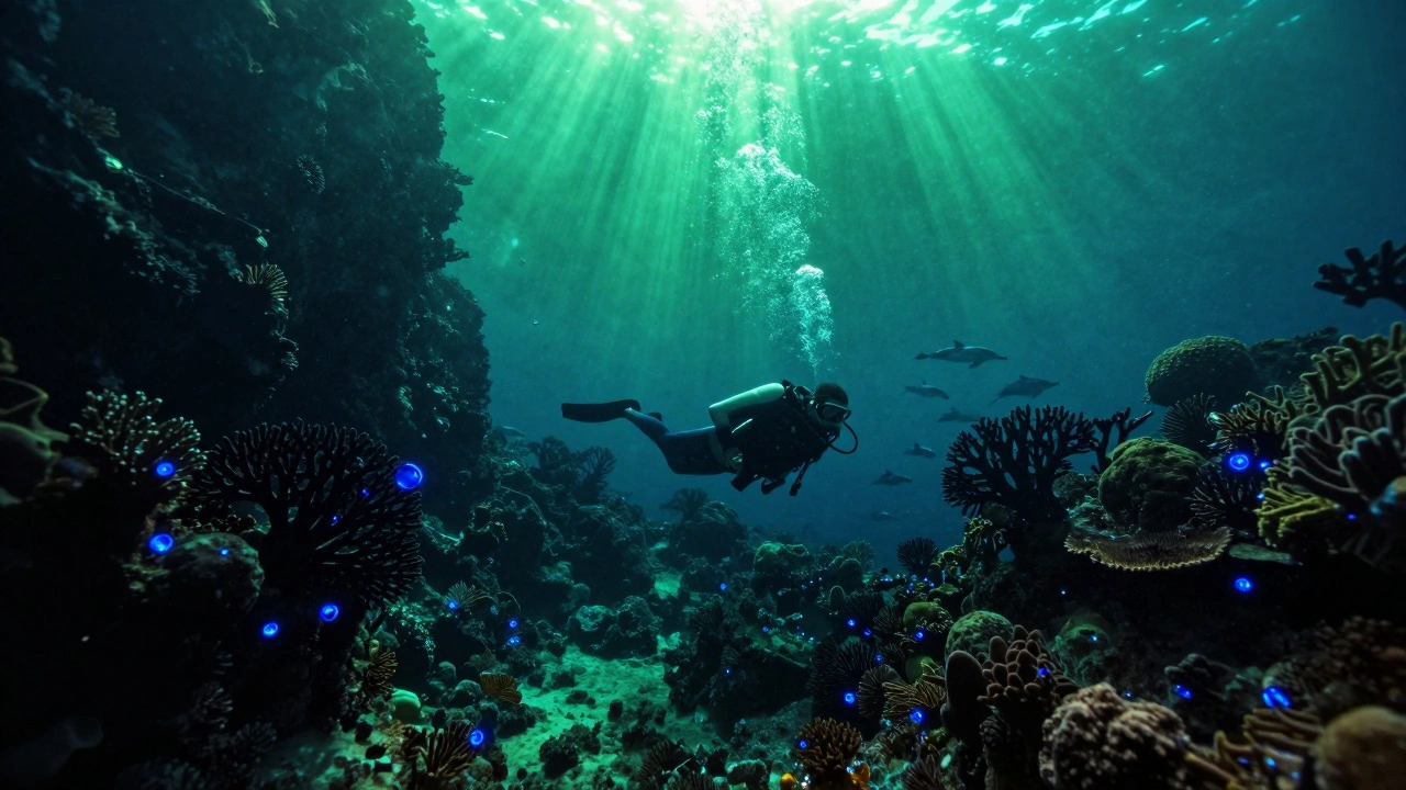 Zkušený potápěč plave v podmořské jeskyni Amphidromi s černými korály a delfíny v dálce.