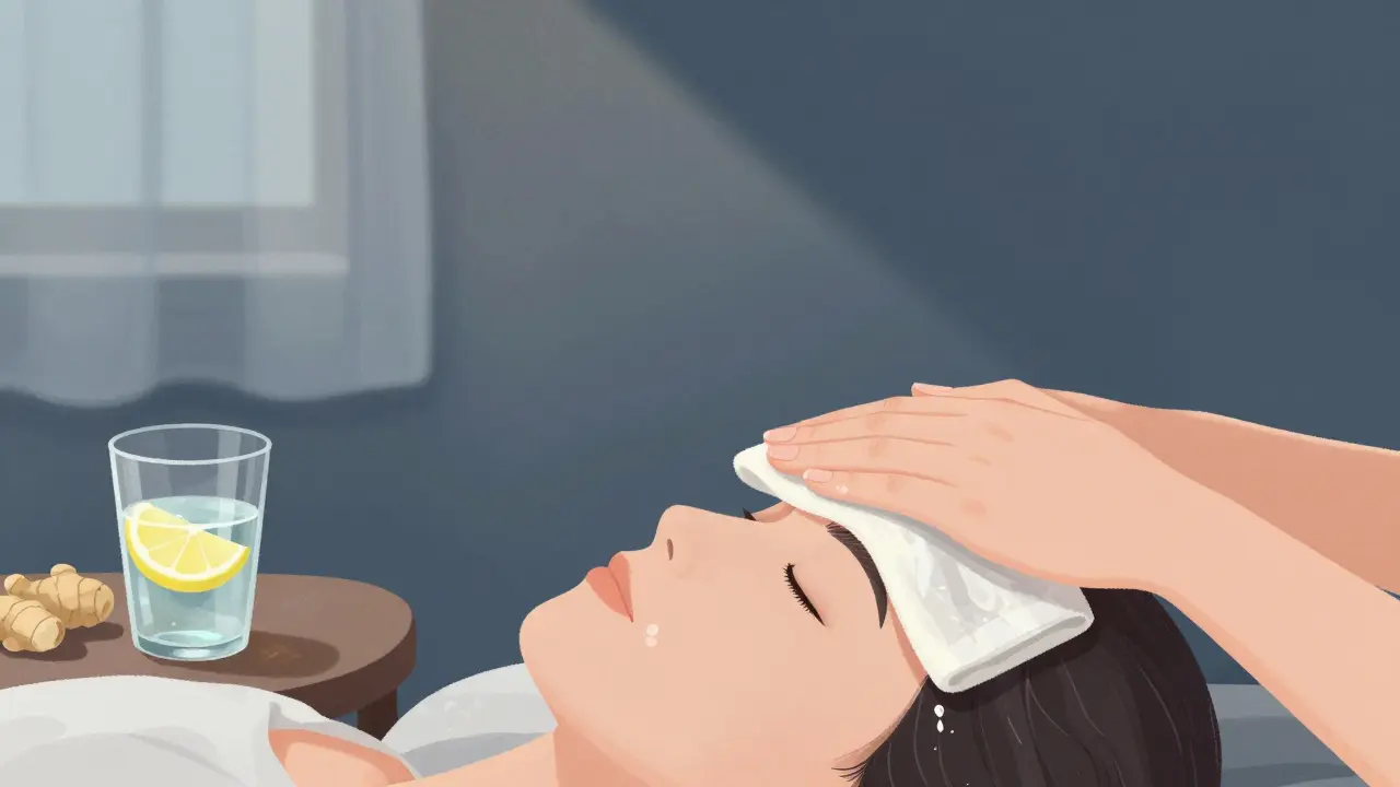 Chladný obklad na čele v tmavém pokoji s vodou s citronem na nočním stolku.