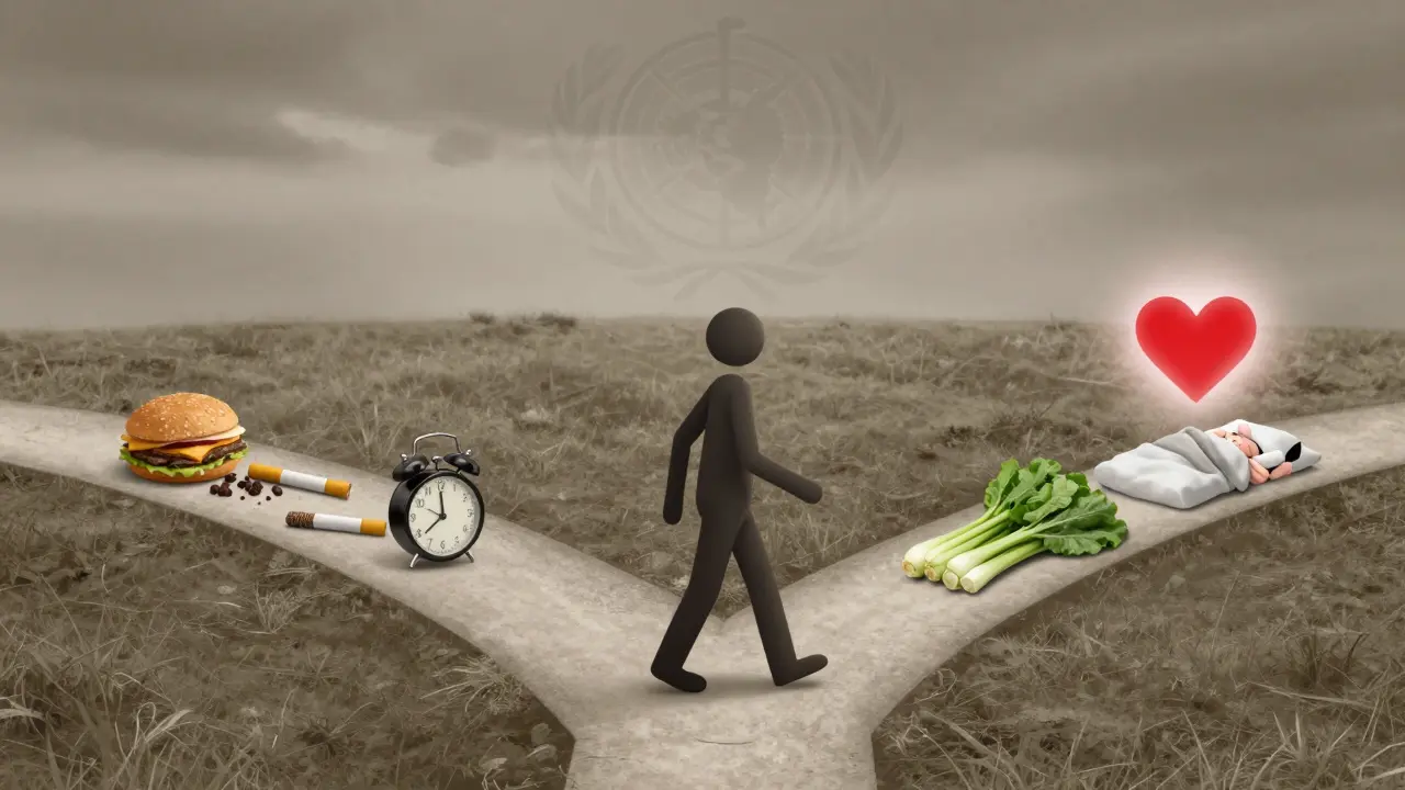 Člověk na křižovatce mezi nezdravým životem a zdravými návyky s WHO symbolem nahoře.