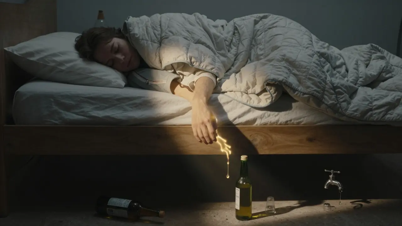 Člověk spí pod přikrývkou, pod postelí se objevuje stín, který odebírá jeho energii.