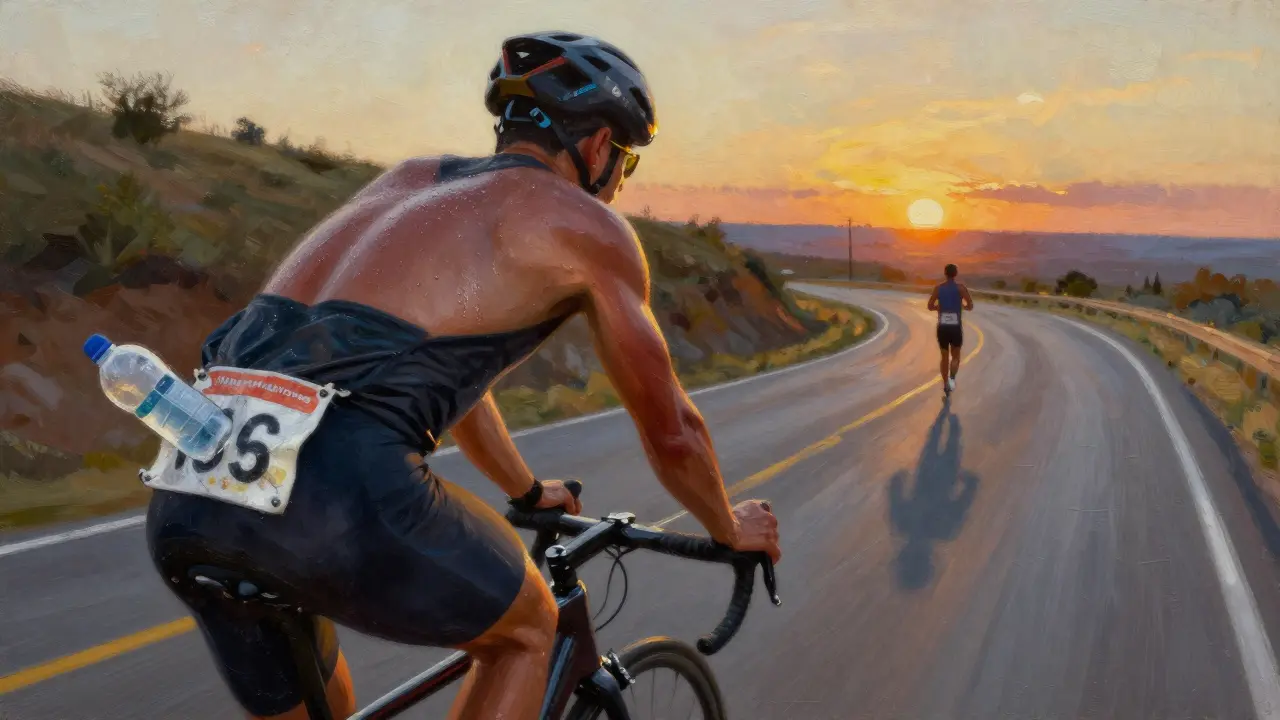 Cyklista na kopcovité trati v záři západu, připravující se na běh.