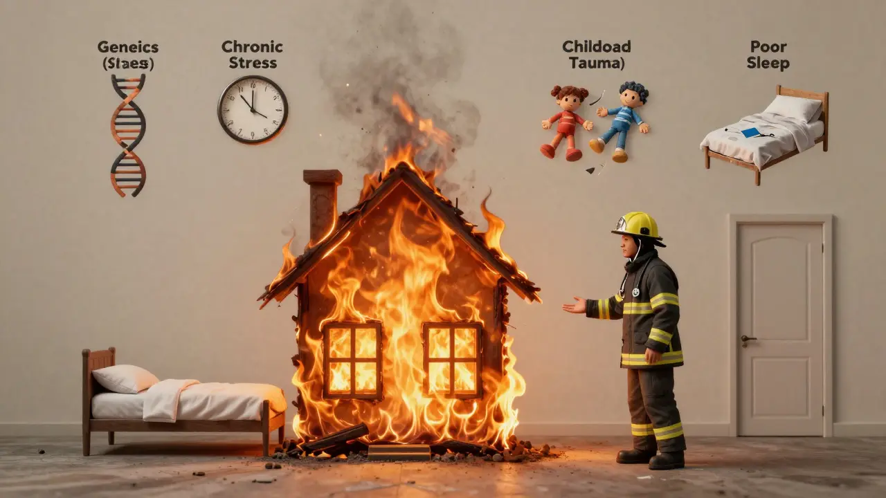 Dům v ohni, kde každý plamen představuje jiný rizikový faktor psychické poruchy.