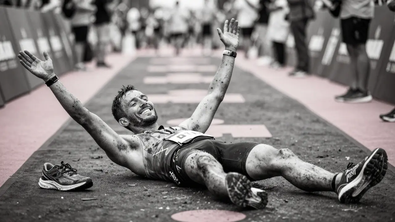 Finišér s vyčerpáním a radostí na tváři na cílové čáře Ironman.