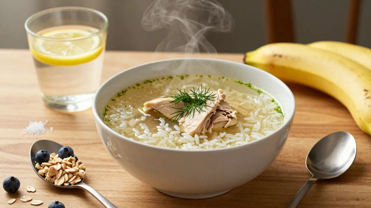 Horká polévka s rýží, banánem a ovesnými vločkami na stole během klidného dne.