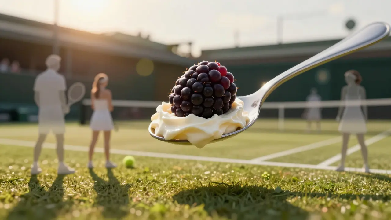 Jedna ostružina na lžíci kremózy visí nad tenisovým hřištěm, symbolizující tradiční rituál turnaje.
