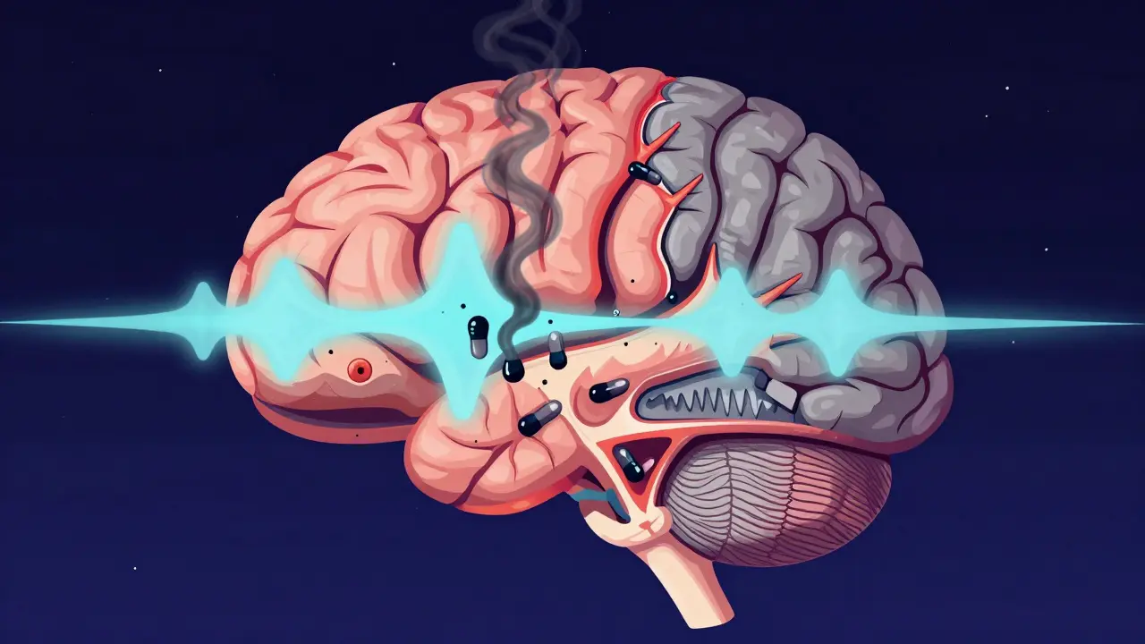 Křížový řez lidského mozku během spánku s narušenými REM vlnami a alkoholovými molekulami.