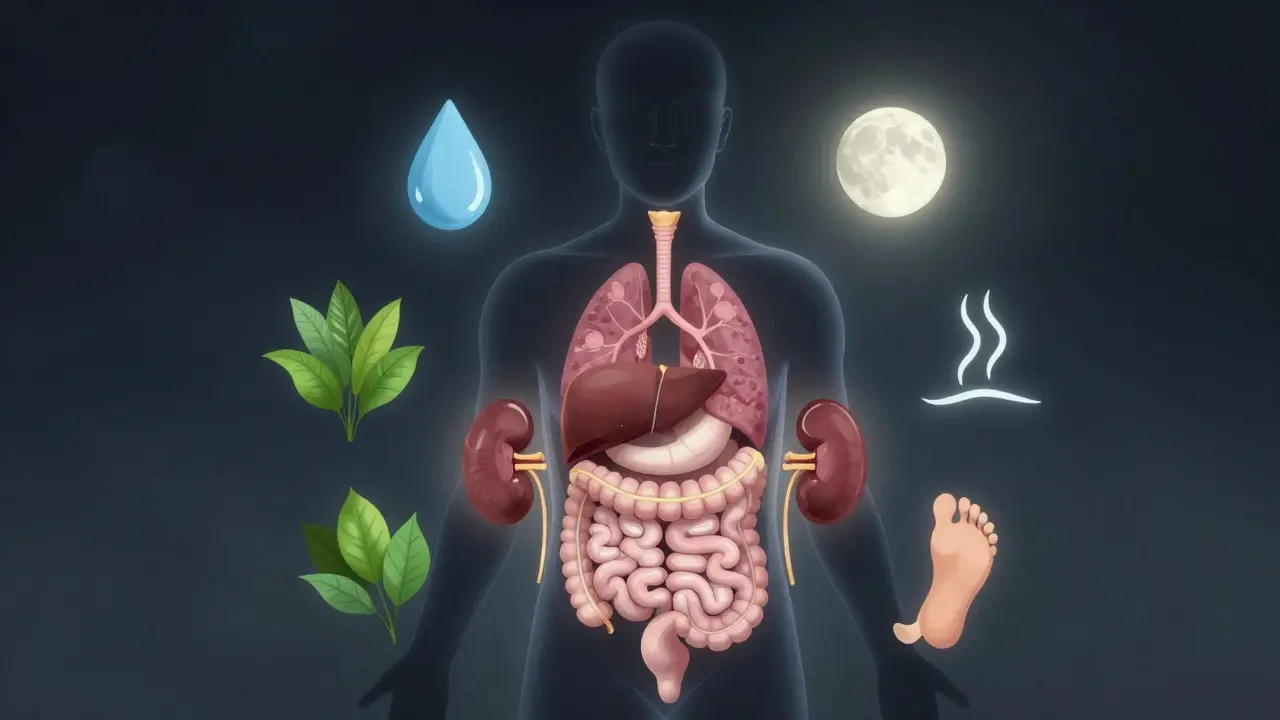 Lidská silueta s vysvícenými vnitřními orgány a symboly přirozené podpory.