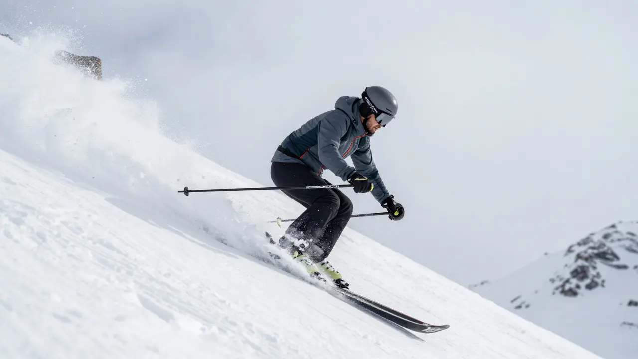 Lyžař v rychlé zatáčce na černé trati, hůlky krátké a těsně u těla, sníh létá kolem.