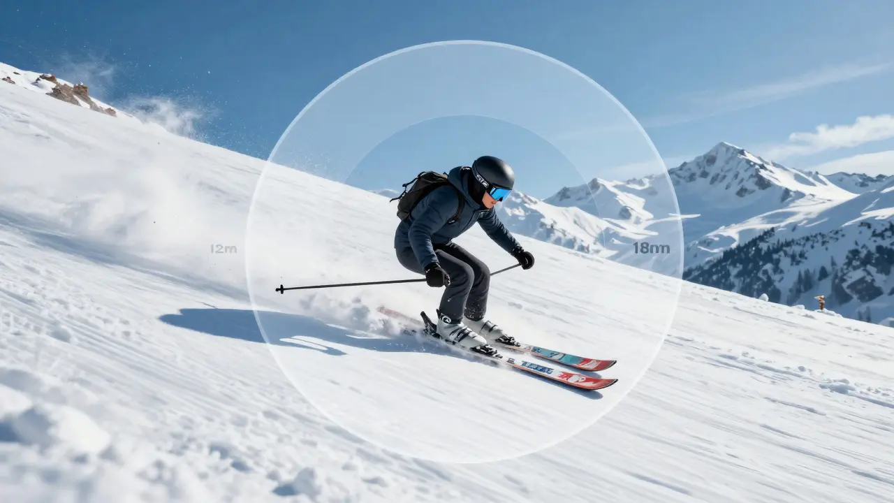 Lyžař vykresluje zatáčku na sjezdovce, s grafickým znázorněním různých poloměrů otáčení.