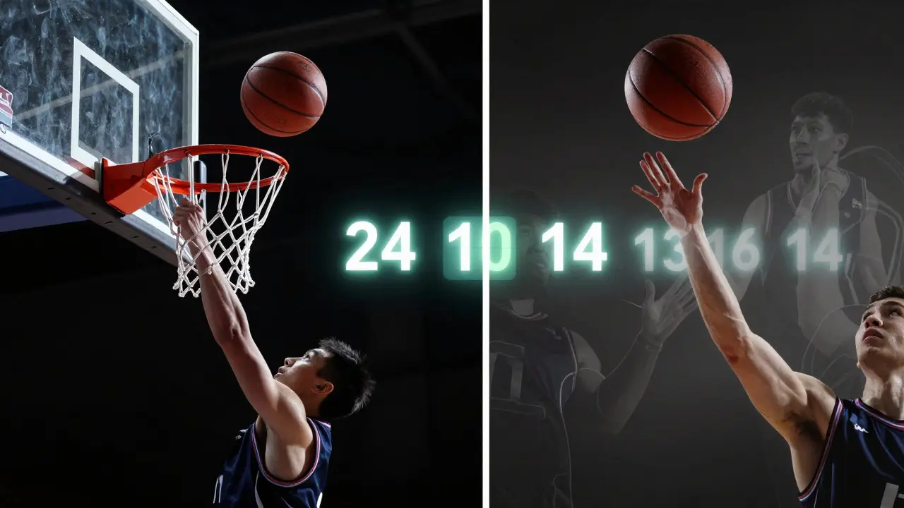 Míč odskakující od kruhu, časovač se resetuje z 24 na 14 sekund.