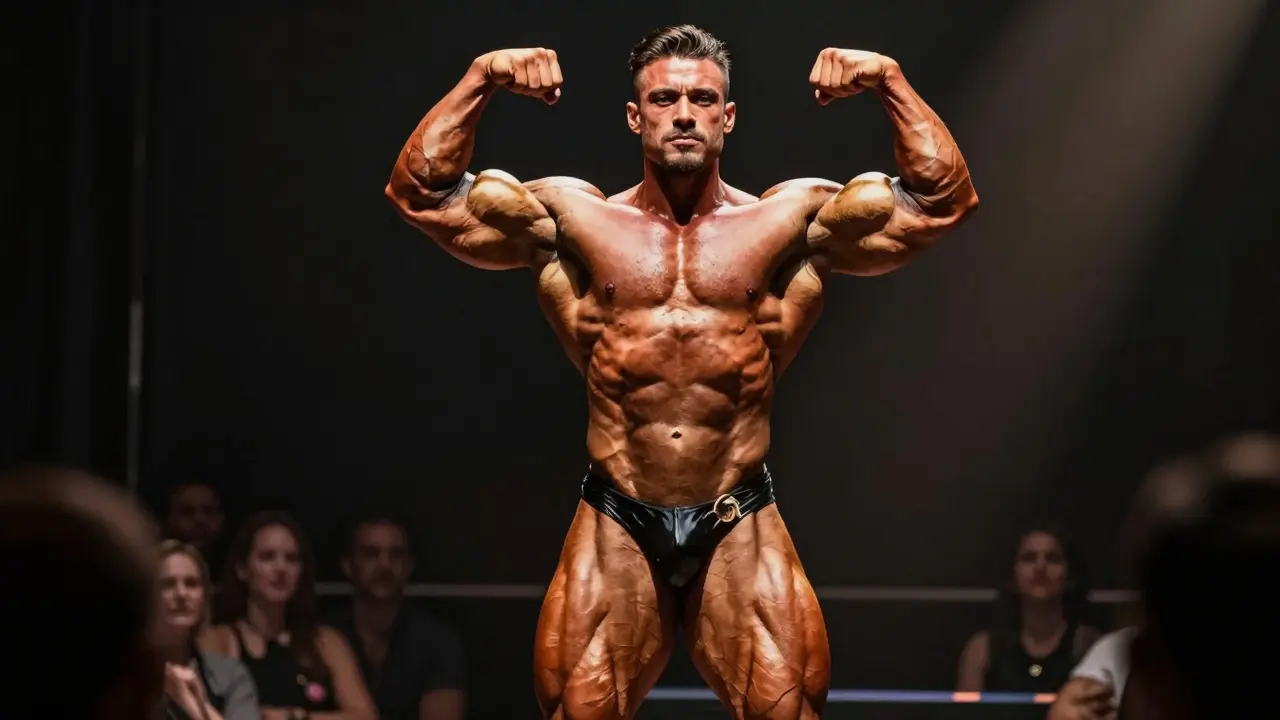 Muž na pódiu v kulturistickém pose s leskem na těle.