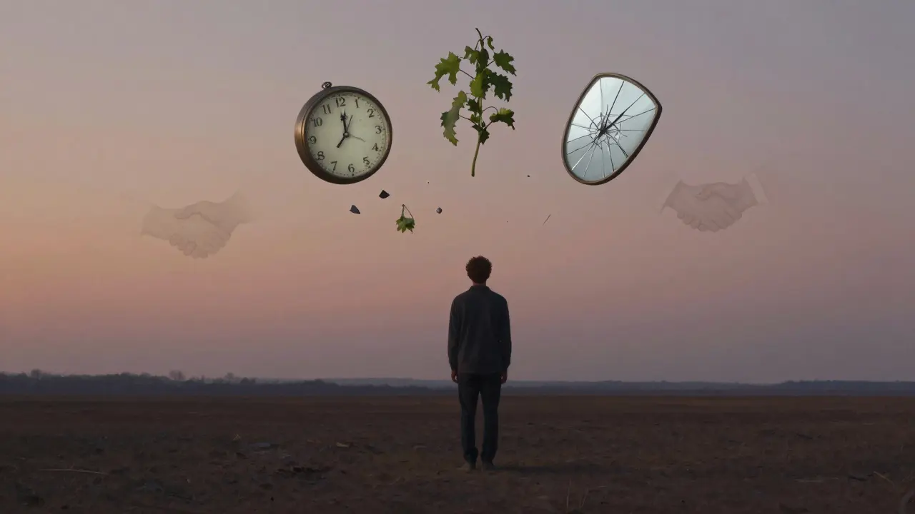 Osamělá osoba v krajině, kolem ní letí symboly stresu, trauma a izolace.