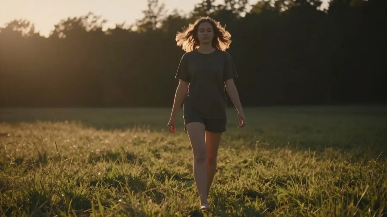 Osoba chodí bosá po trávě na západu slunce, bez telefonu, v klidu.
