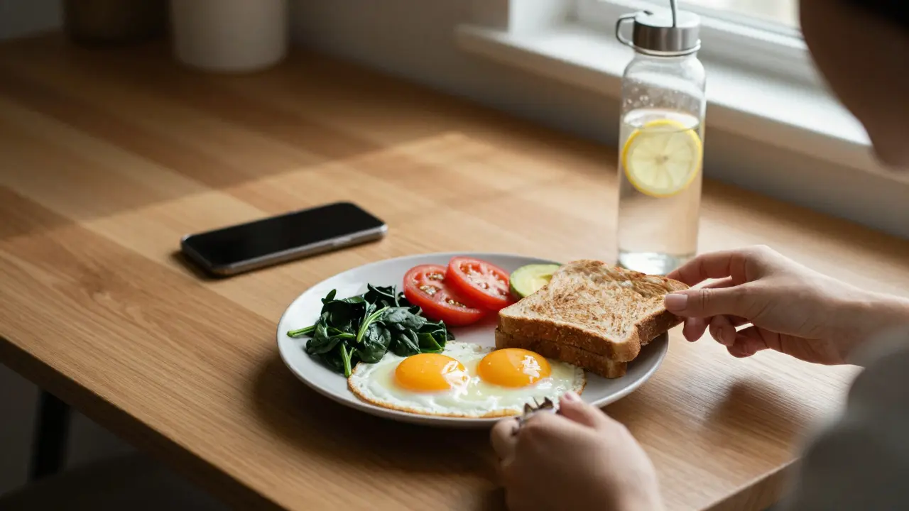 Osoba připravuje zdravý snídaně s vajíčky, špenátem, rajčaty a avokádem za slunečního rána, v klidném prostředí.