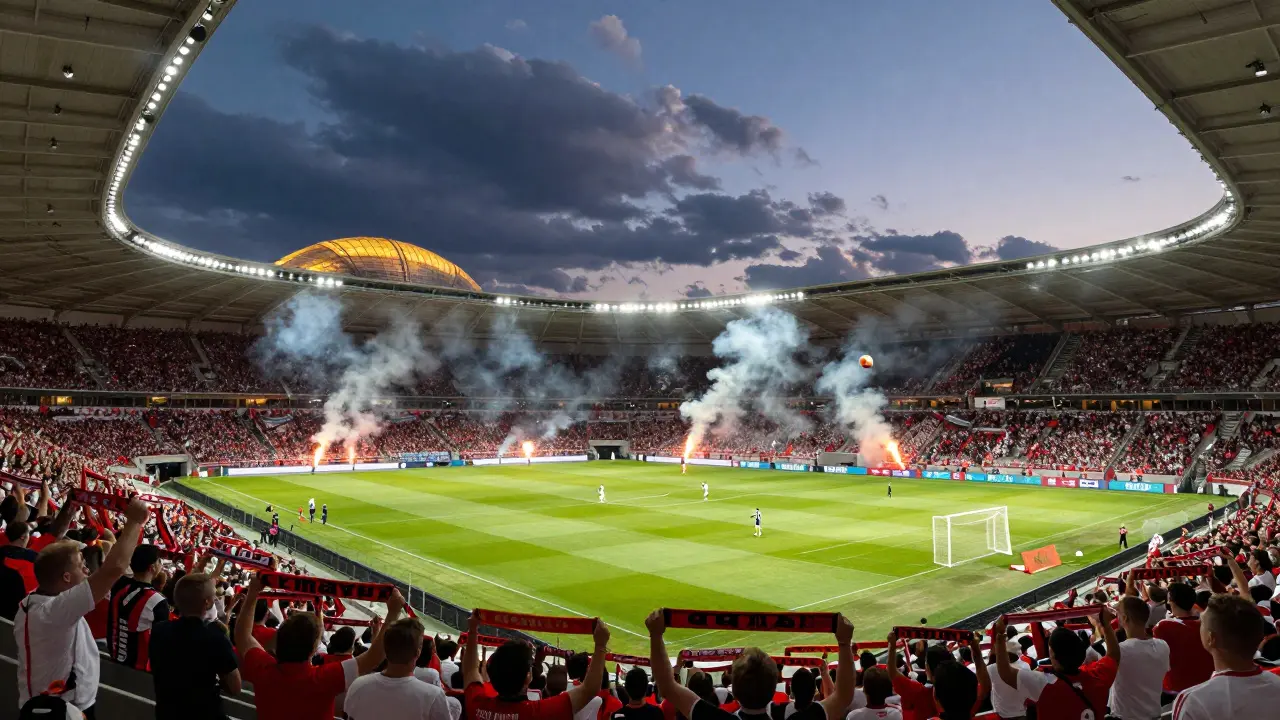 Plný stadion Eden Arena v Praze během fotbalového zápasu s osvětlením a fanoušky.