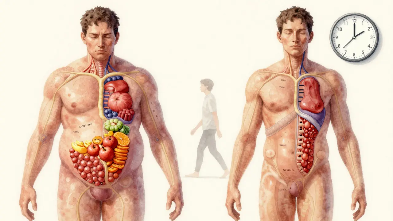 Přehled lidského těla s ukázkou hormonů: inzulin, kortizol, leptin a grelin, znázorněných jako proudy světla.