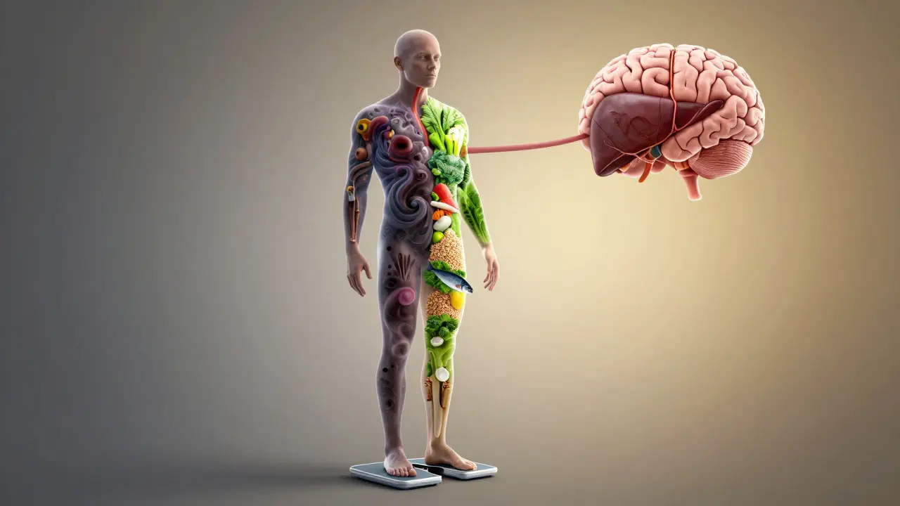 Průřez lidským tělem: jedna strana plná toxínů a tuku z zpracovaných potravin, druhá strana živě zelená s celozrnnými obilovinami a rybami.