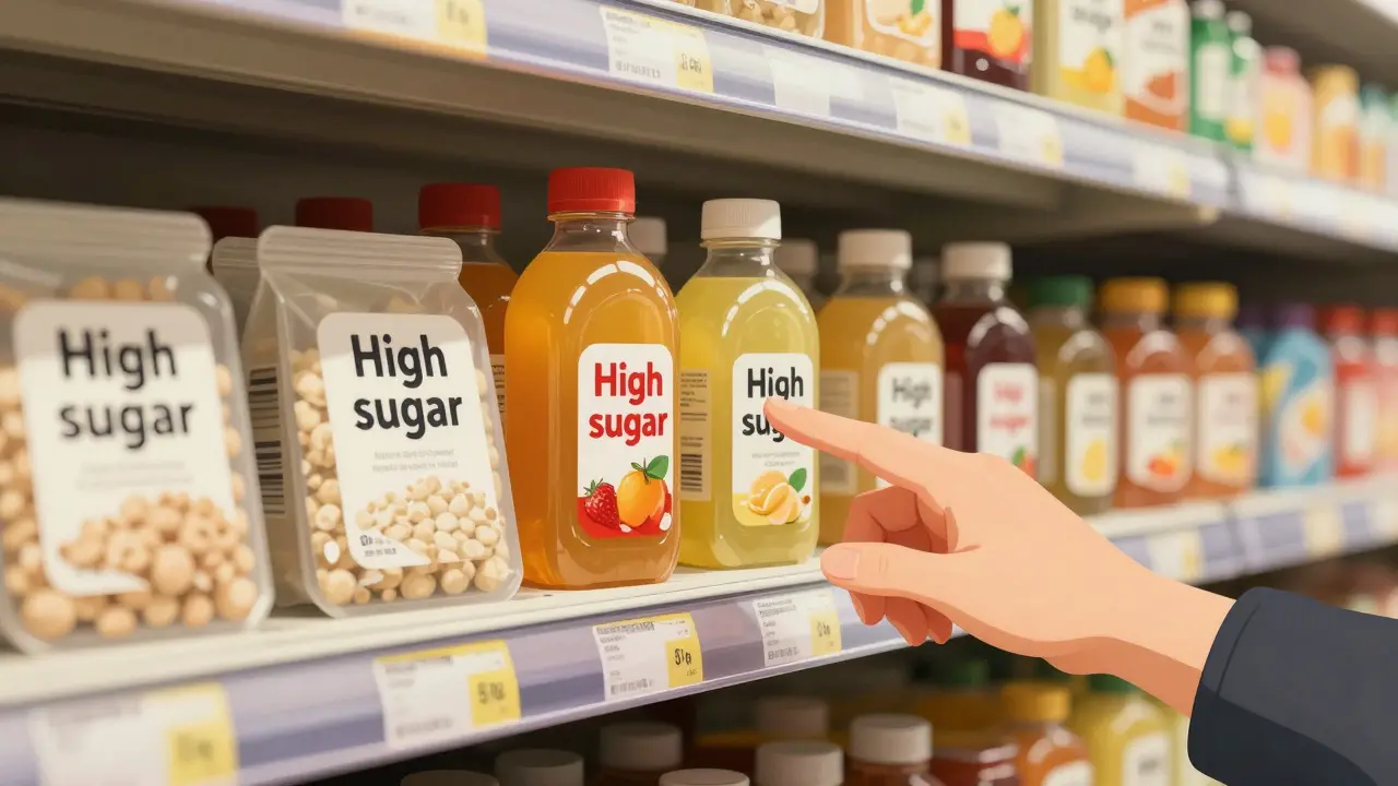 Regály v českém supermarketu s potravinami označenými obsahem cukru a soli.