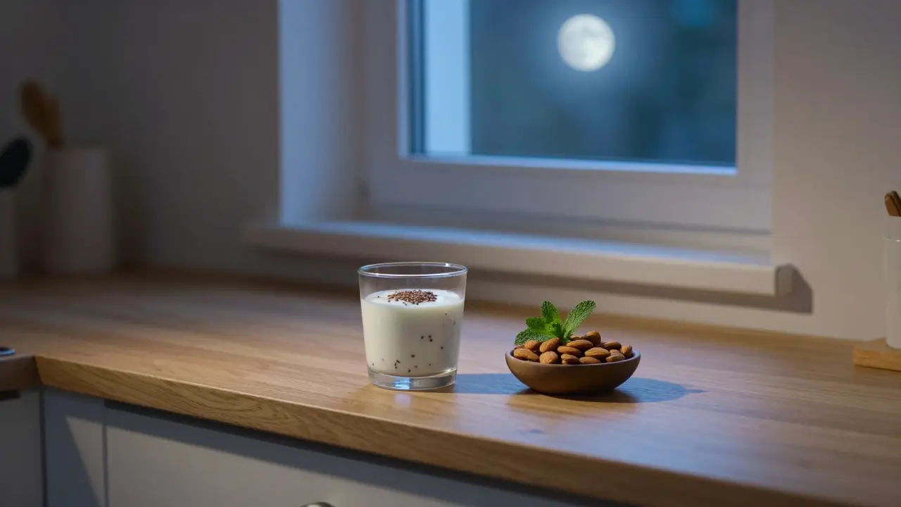 Sklenice jogurtu s lněnými semínky a oříšky na kuchyňském stole při měsíčním světle.