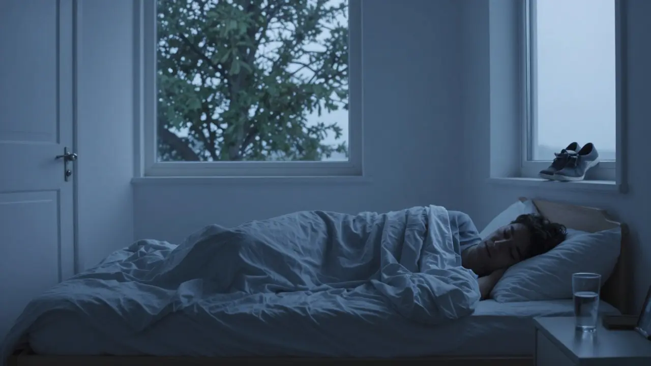 Tichá ložnice v ranních hodinách, člověk spí, sklenice vody na nočním stolku, obuv u dveří.