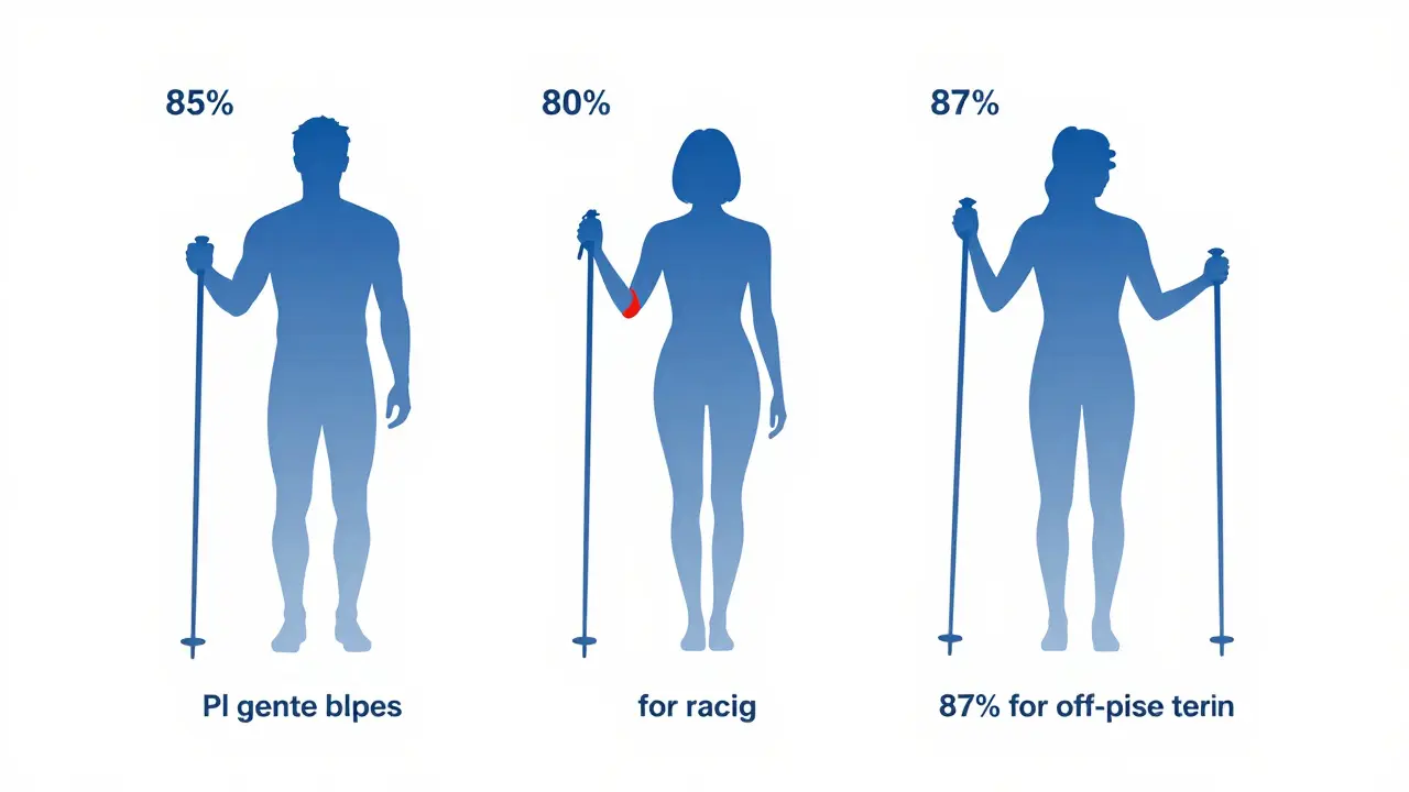 Tři lyžařské hůlky různých délek vedle siluety člověka, označené pro různé typy terénu.