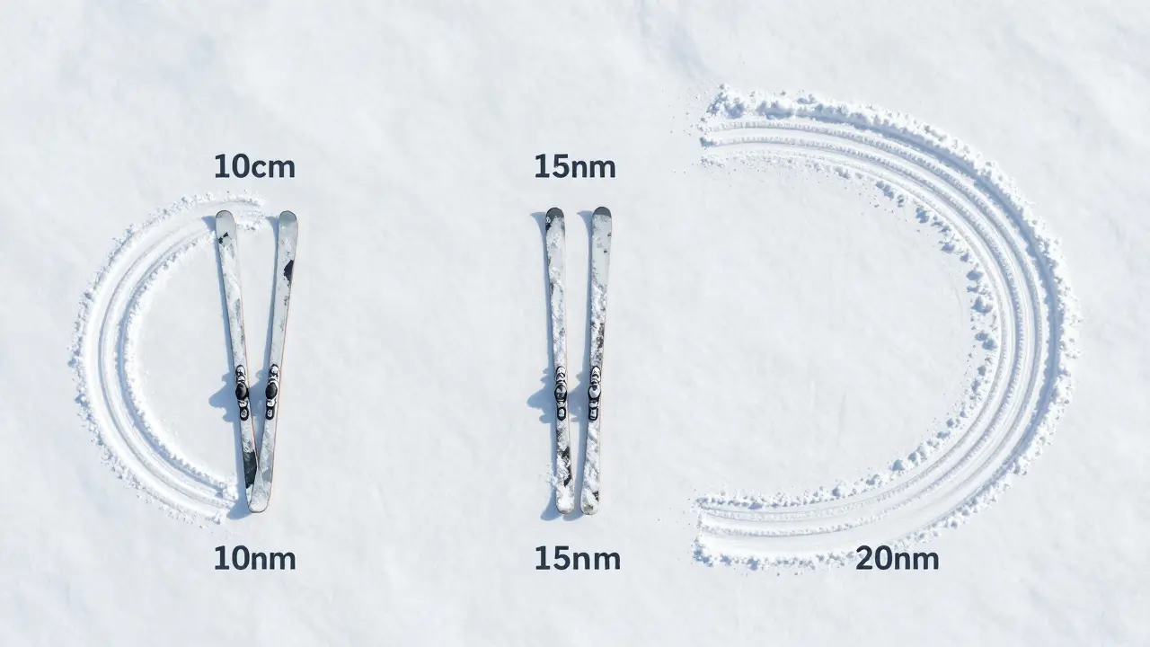 Tři lyže s různými poloměry zakřivení, každá nechává jinou stopu ve sněhu.