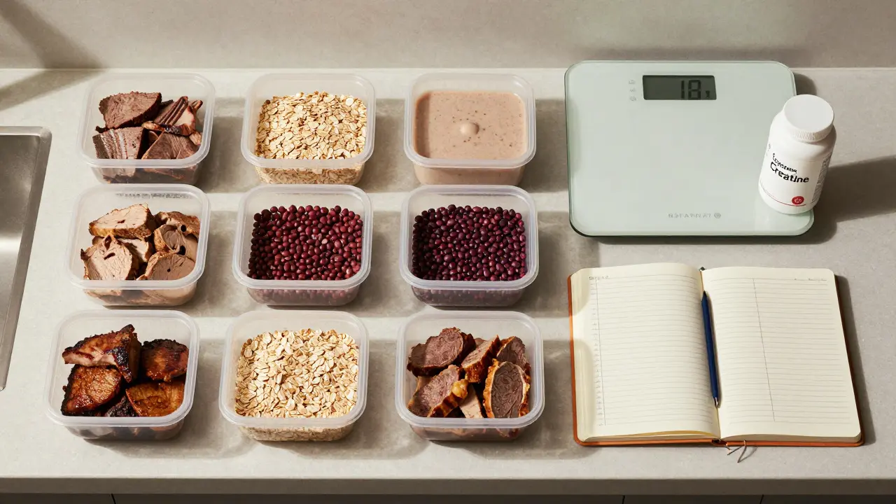 Týdenní příprava jídel pro náběr svalové hmoty s kontejnery a doplňky.