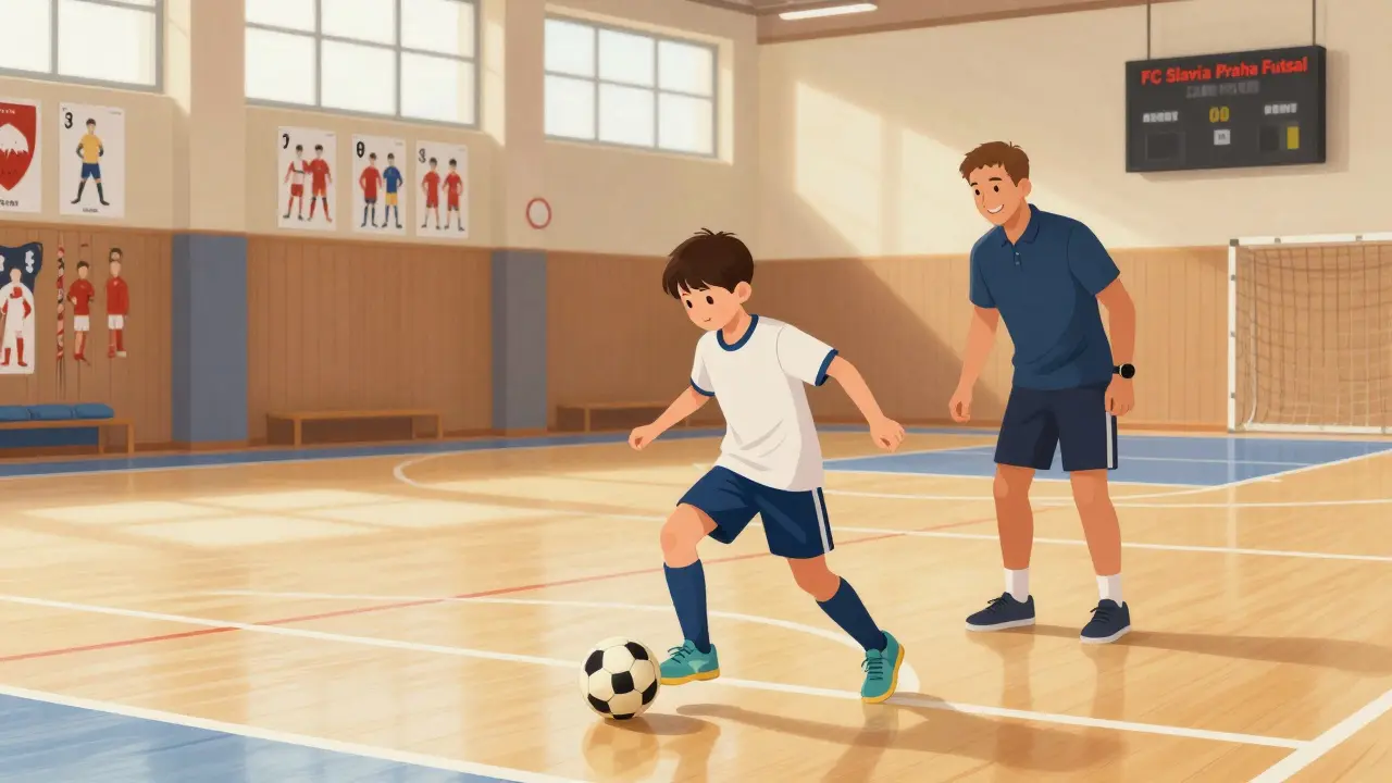 A child practicing ball control during a futsal training session in a local Czech sports center.