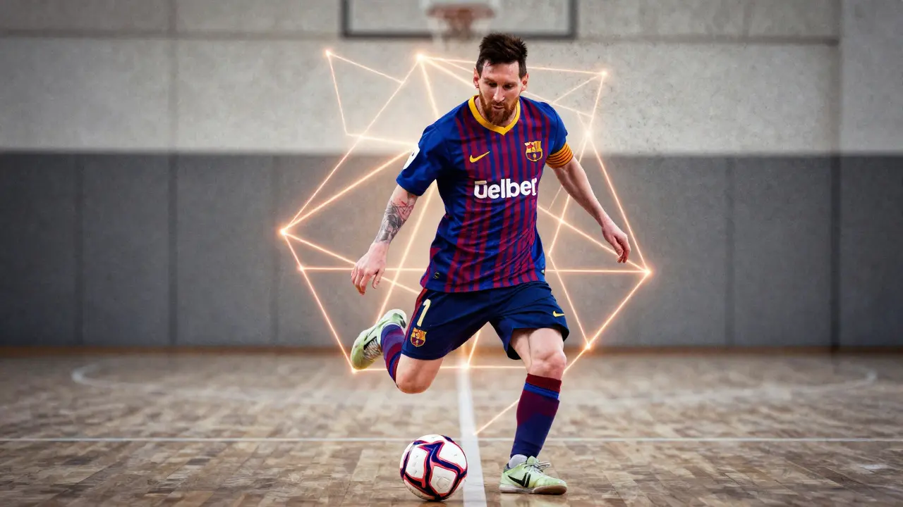 A futsal player overlaid with Messi's silhouette, symbolizing skill and quick thinking in tight spaces.