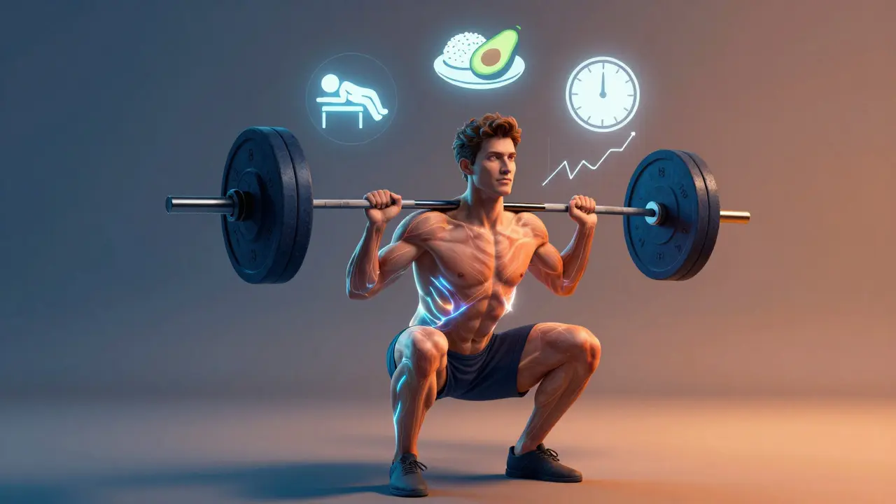 Abstraktní znázornění těla s energií během squatu, s ikonami odpočinku, výživy a času.