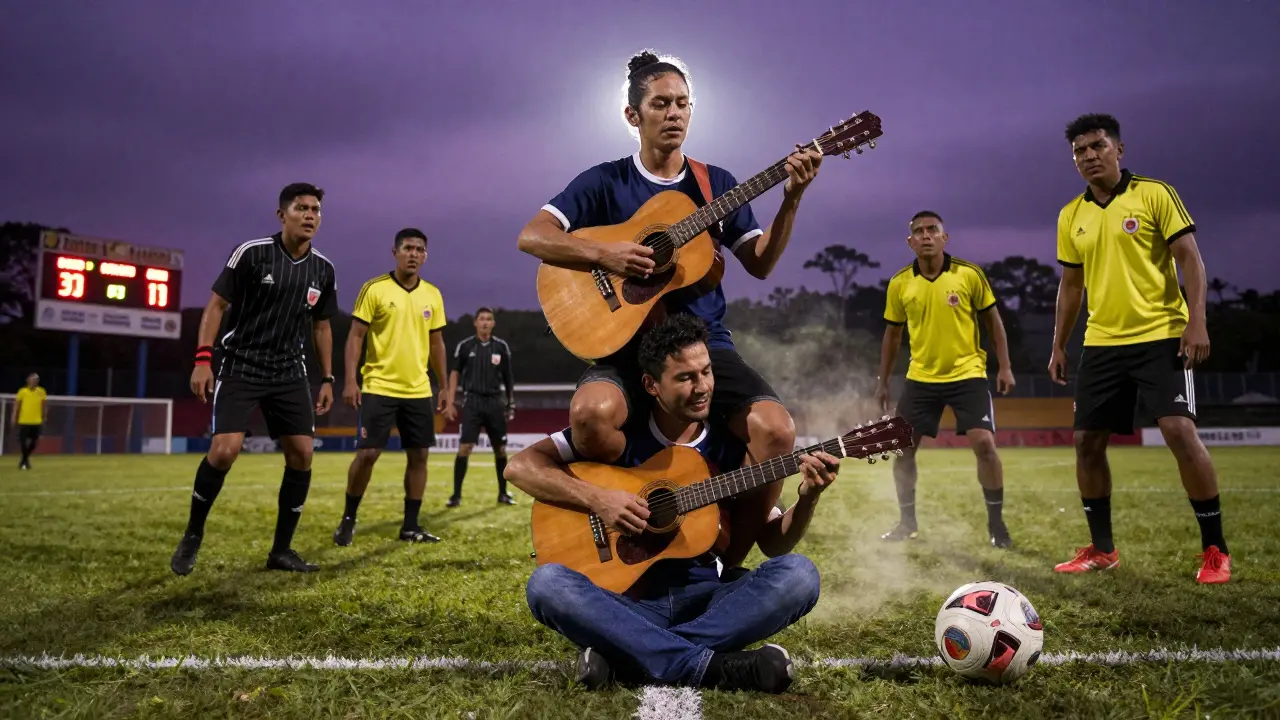 Bedoya hraje na kytaru na hřišti, zatímco ho spoluhráči zvedají na rukou, zatímco ostatní hráči zůstávají v pohybu.