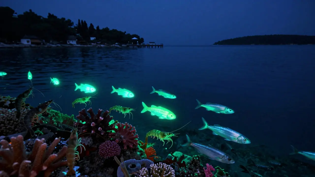 Bioluminiscenční ryby a koralové zahrady září v noci u ostrova Brijuni v Chorvatsku.