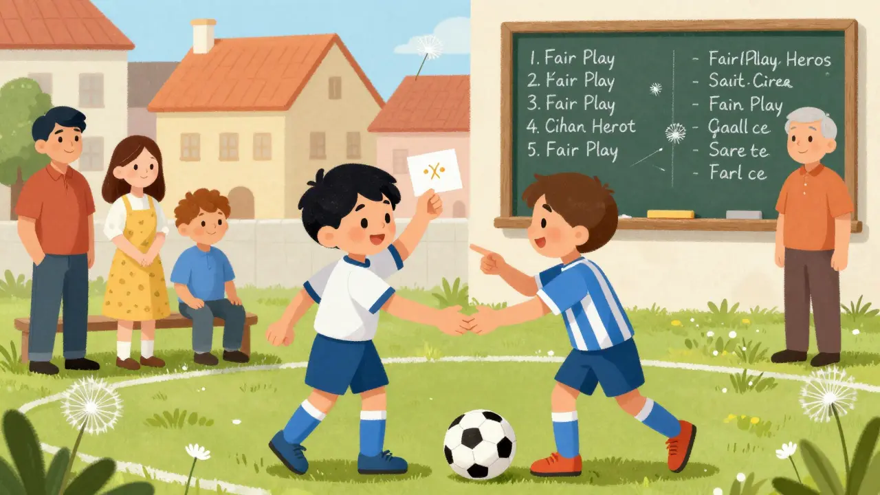 Děti ve školním fotbale si předávají bílou kartu za pomoc a respekt během zápasu.