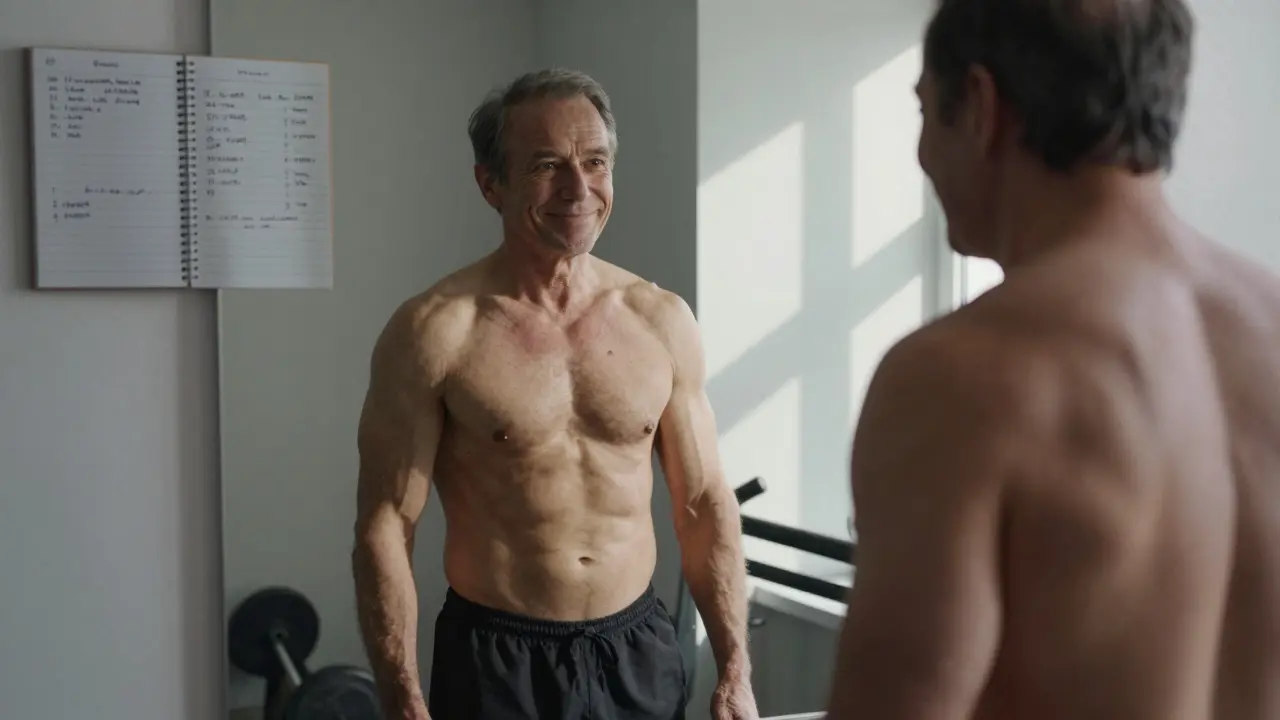 Muž v polovině věku se dívá do zrcadla v domácí posilovně s potvrzením pokroku.