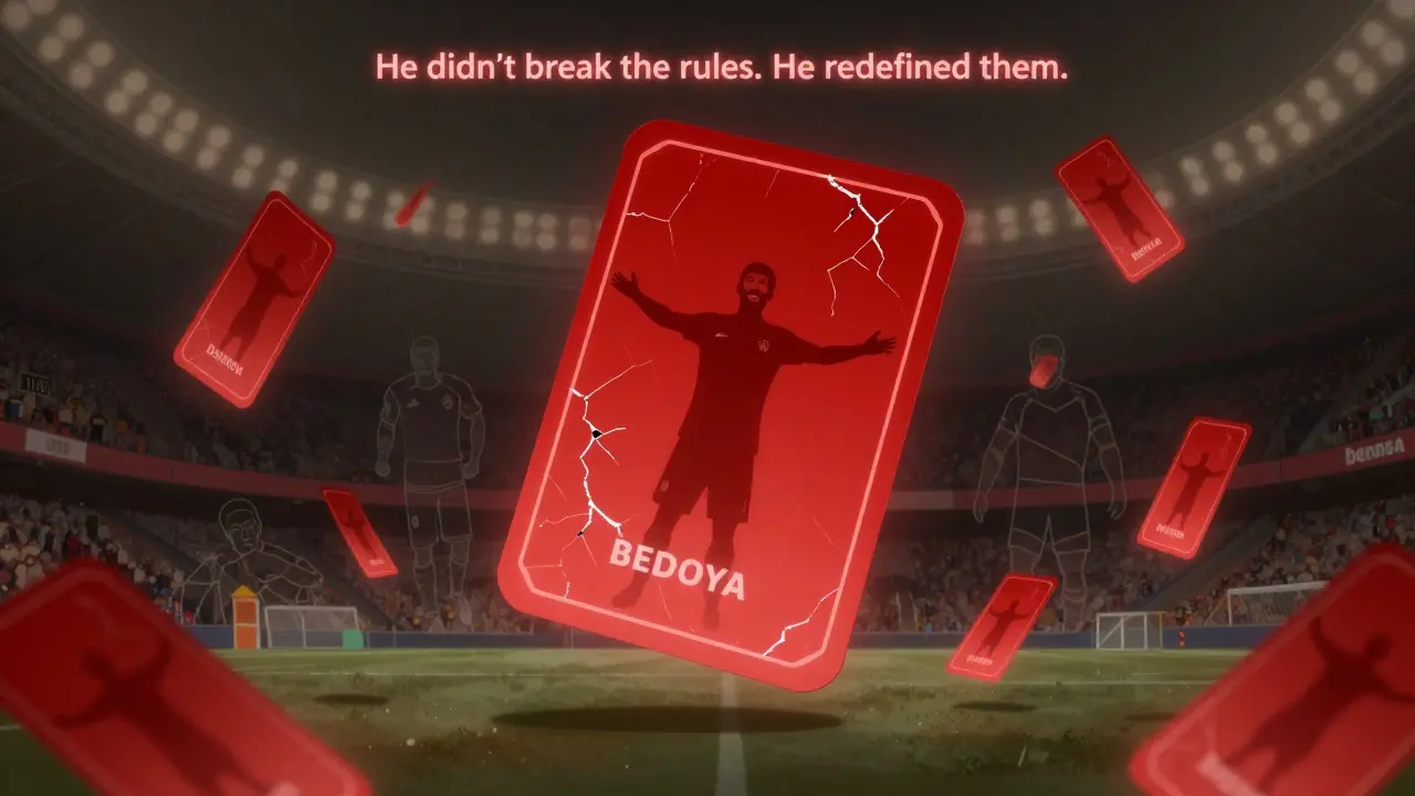 Obří červená karta se rozpadá, kolem ní se točí další 45 karet, zatímco postava Bedoyi stojí v centru.