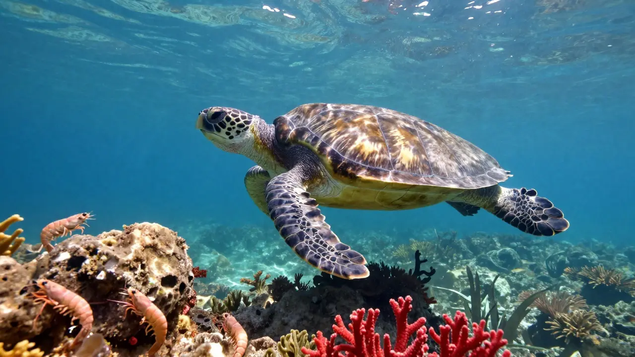 Obrovská mořská želva plave klidně u břehu Larnaky, zatímco krevety skrývají mezi skalami.