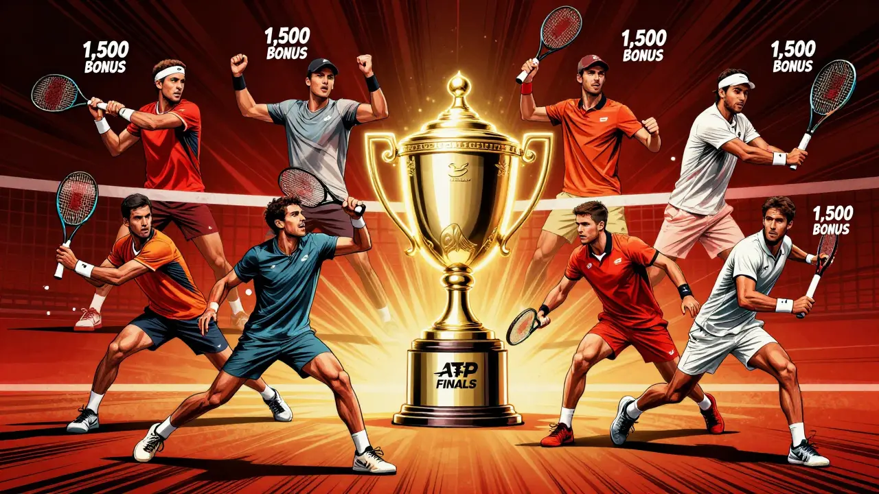Osm nejlepších tenistů kolem ATP Finals trofeje, dynamické pózy a čísla bodů.